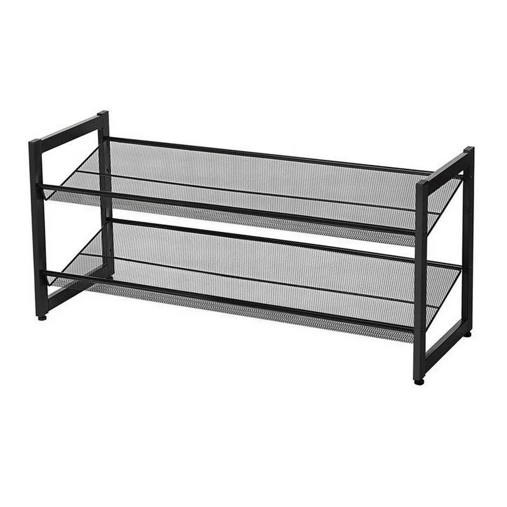 36 Inch Shoe Rack, 2 Storage Shelves, Mesh Design, Black Metal Frame By Casagear Home