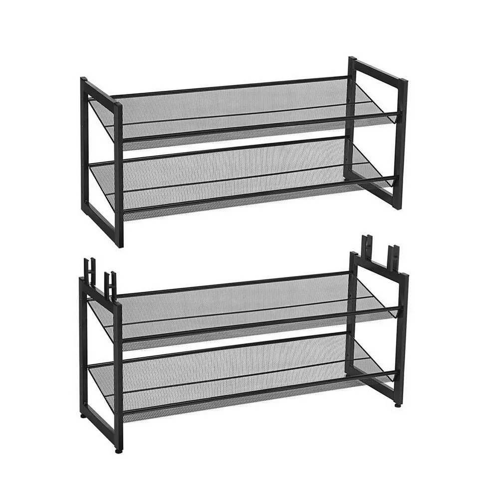 36 Inch Shoe Rack, 2 Storage Shelves, Mesh Design, Black Metal Frame By Casagear Home