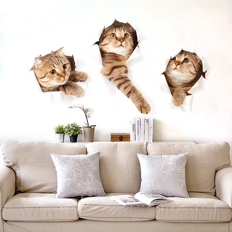 3D Cat Wall Sticker Hole View Vivid Living Room Home Decor Wall Decals Cat Wall Sticker Cute Cat Pos