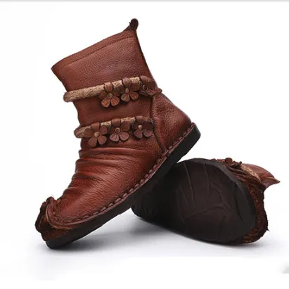 Autumn Winter Leather Flowers Comfortable Retro Boots |Gift Shoes