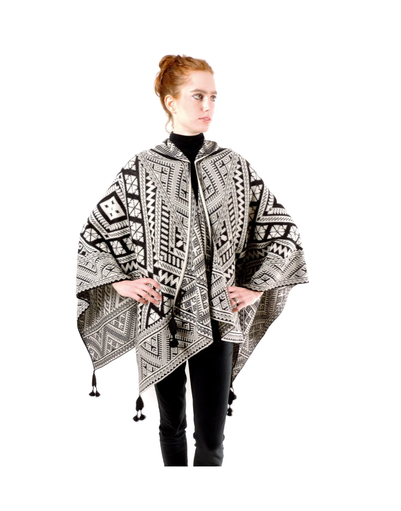 Baby Alpaca Knit Ruana Poncho - Geometric Black & White