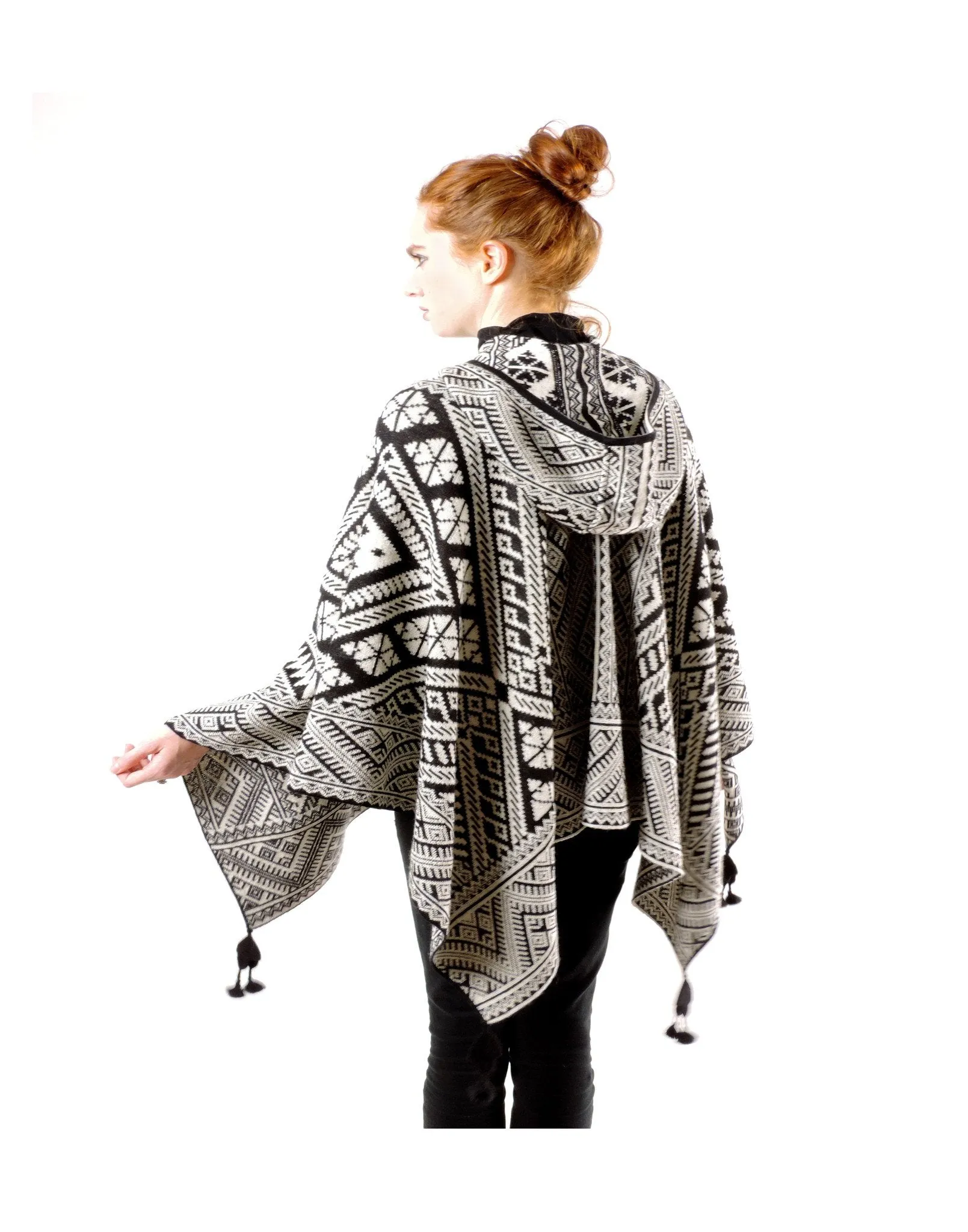 Baby Alpaca Knit Ruana Poncho - Geometric Black & White