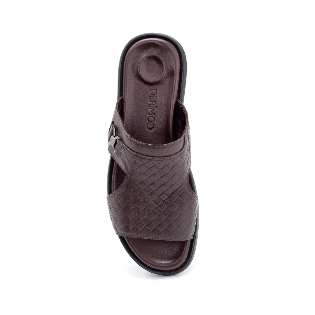 Brown Men Leather Printed Slipper