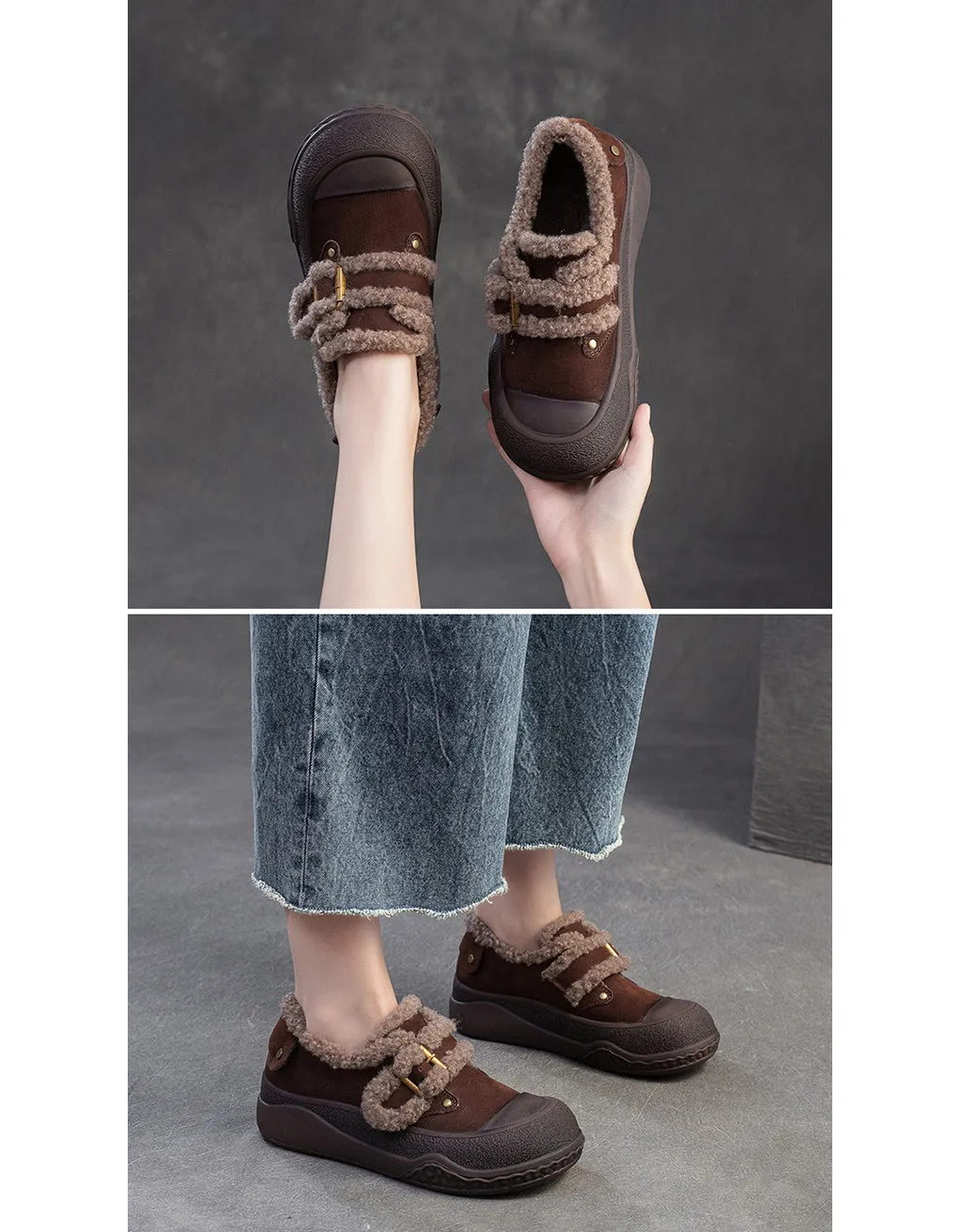 Buckle Front Comfortable Winter Shoes with Fur