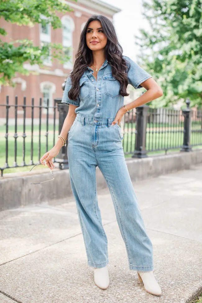 Chances Are Medium Wash Button Up Denim Jumpsuit FINAL SALE