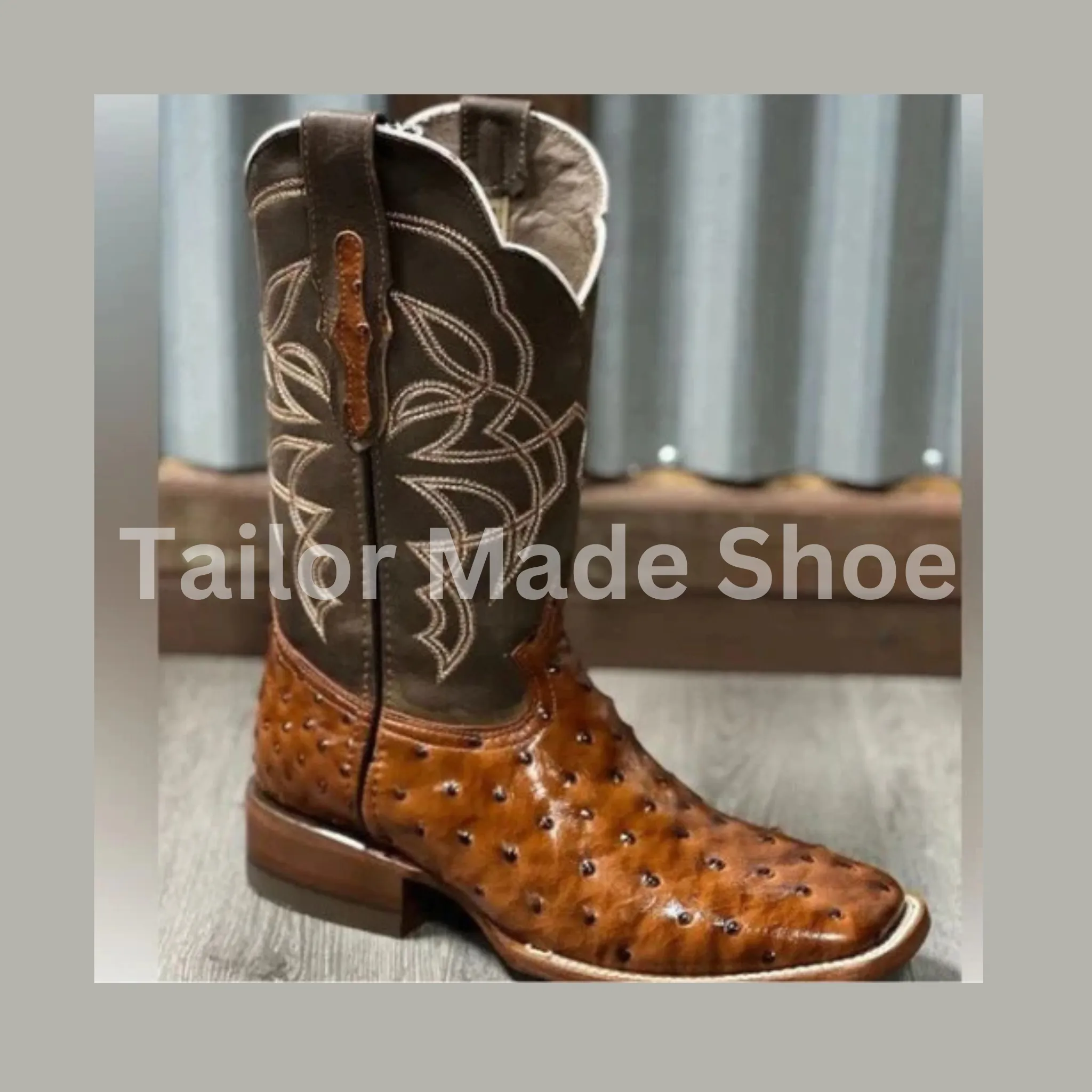 Custom Made Cowboy Ostrich Print Brown Leather Western Ankle Handmade men Boots