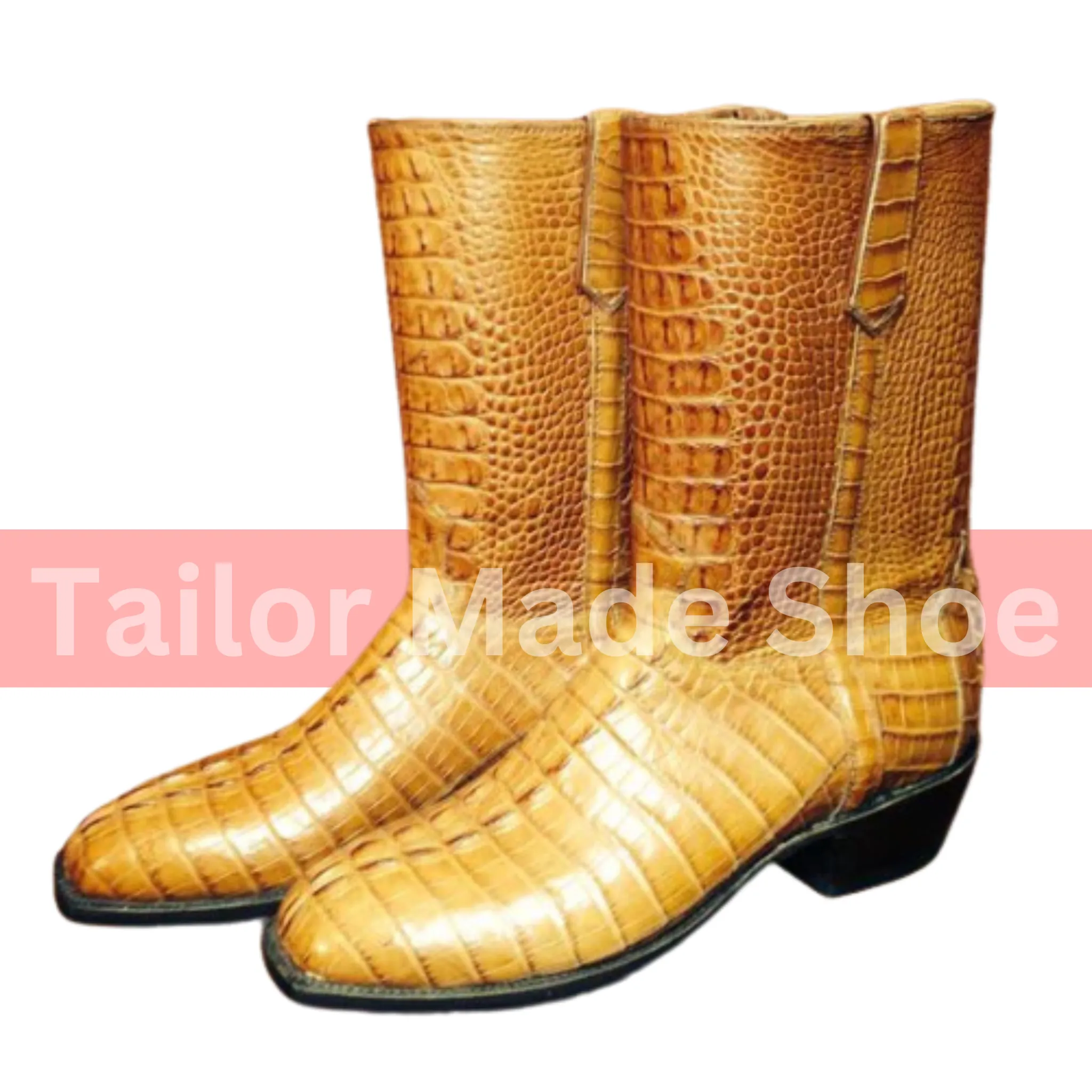 Handcrafted Cowboy Crocodile Print Yellow Leather Western Ankle Handmade Boots