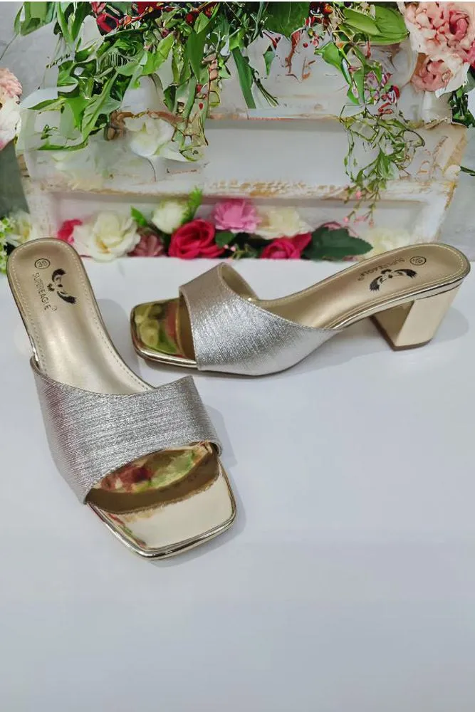 Metallic Foil Strap Block Heel Slider