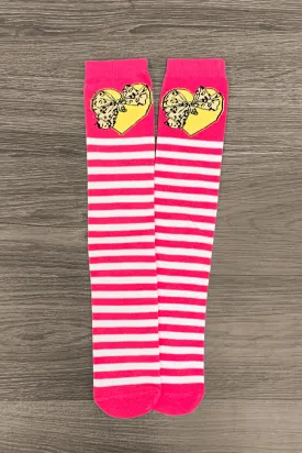 Pink Cheetah Heart Stripe Socks