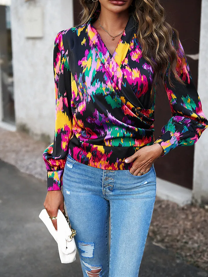 Printed Surplice Neck Long Sleeve Blouse