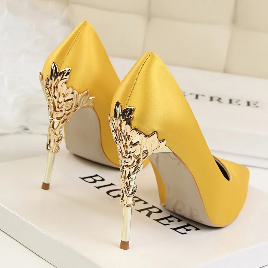 Sexy Pointed Toe Metal Carved Thin High Heels