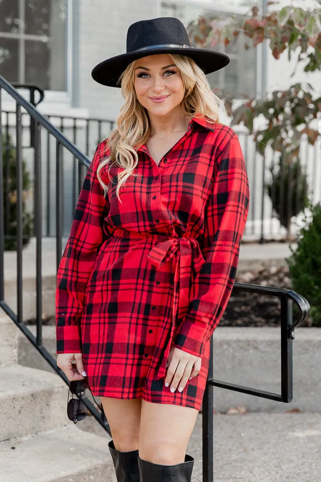 So Plaid You're Mine Red and Black Plaid Collared Button Up Belted Mini Dress FINAL SALE