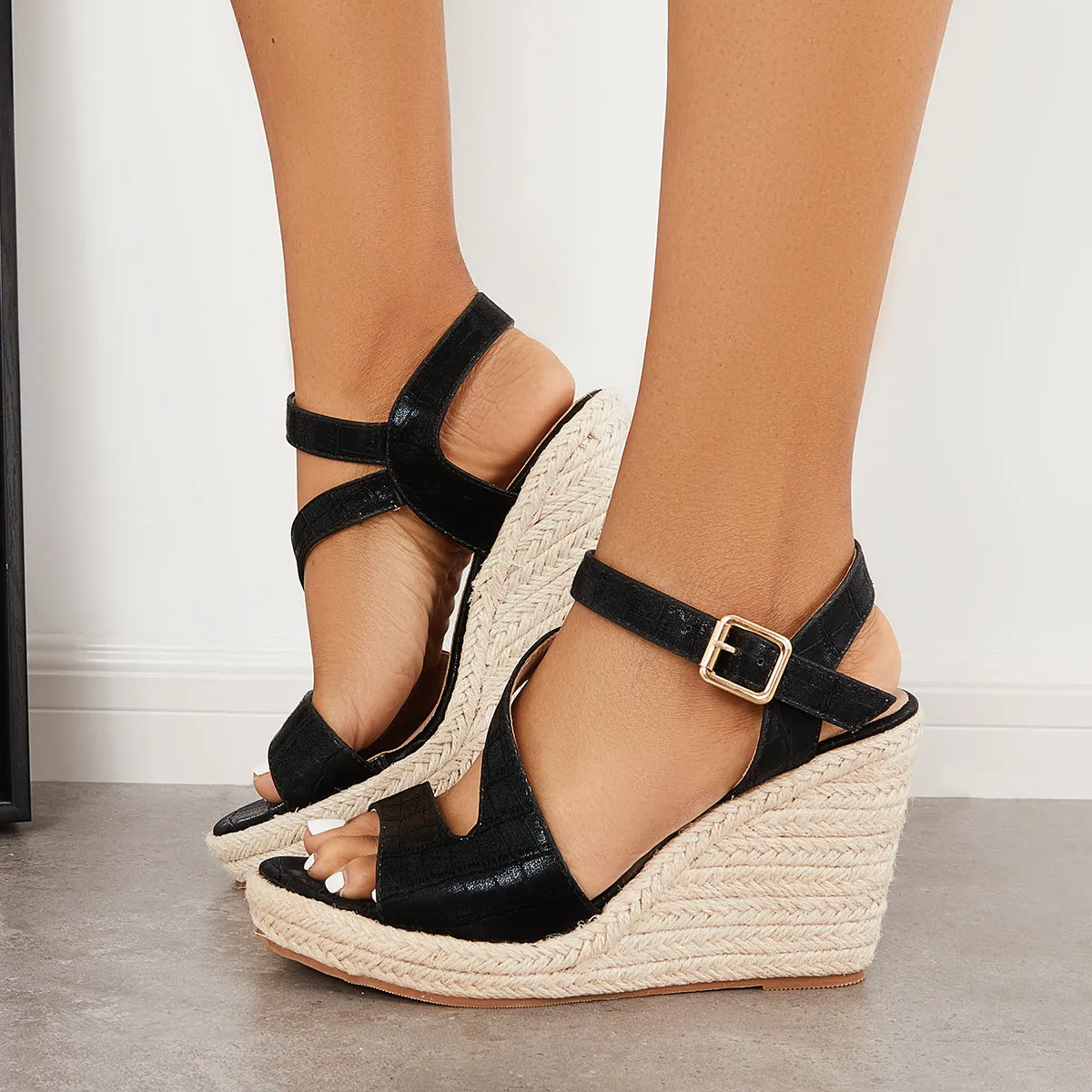 Sohiwoo Platform Espadrille Wedges Cross Strap Slingback Sandals